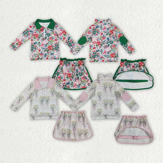 RTS NO MOQ Sibling baby girls clothes floral bow pattern zip-up long-sleeved skirt sets