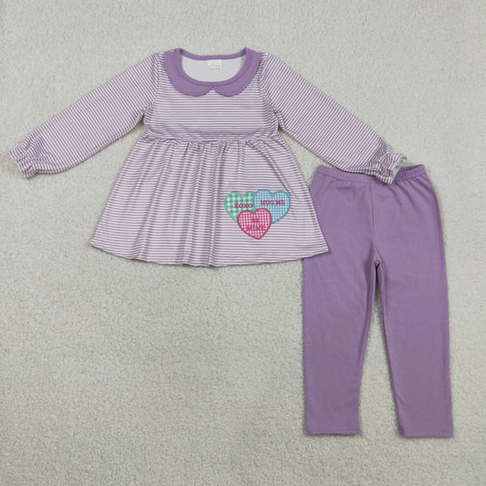 RTS NO MOQ（In Stock) GLP3262 Embroidered xoxo letter heart Peter Pan collar purple striped long-sleeved shirt and pants set