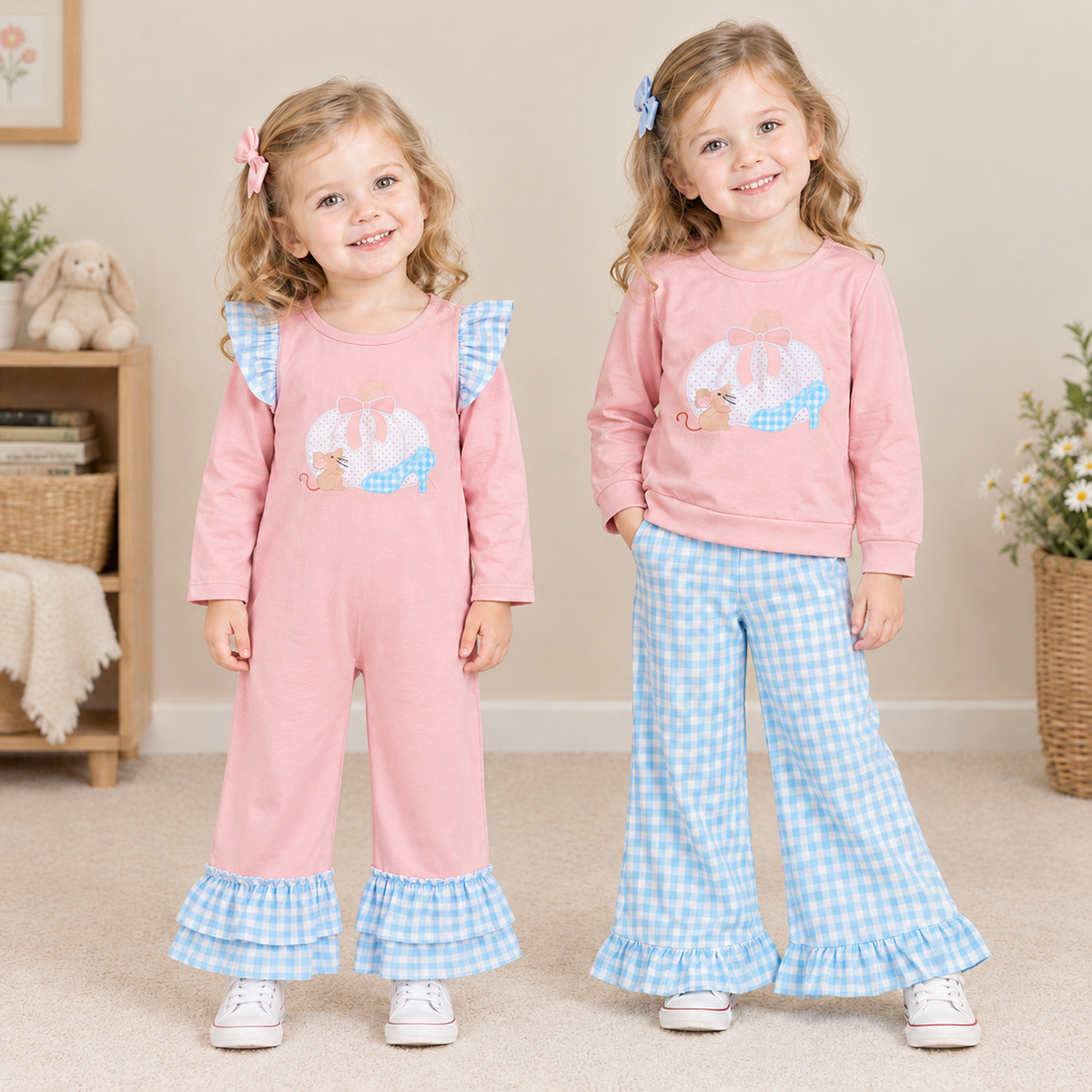 RTS NO MOQ Sibling milk silk Embroidery Baby Girls Bow Pumpkins Long Sleeve Top And Pant Clothes Sets Rompers