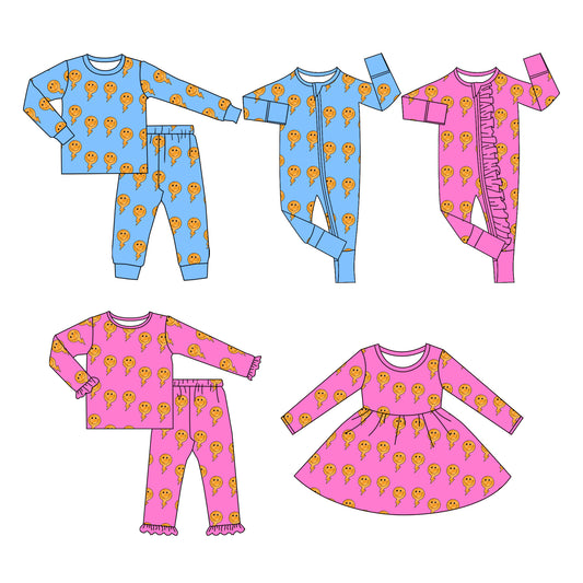 25.6.23 custom each style moq 5eta 4-6week Sibling Sisters smiley baby girl long sleeve pants sets 1 and sets 2 and romper 1 and romper 2 and dress match family design