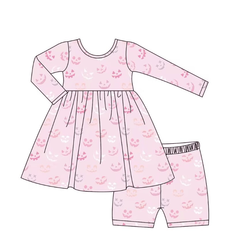 5.9custom each style moq 5eta 4-5week Sibling Sister Halloween Pumpkin Smile prints pink girls and boys outfits and baby rompers match family design