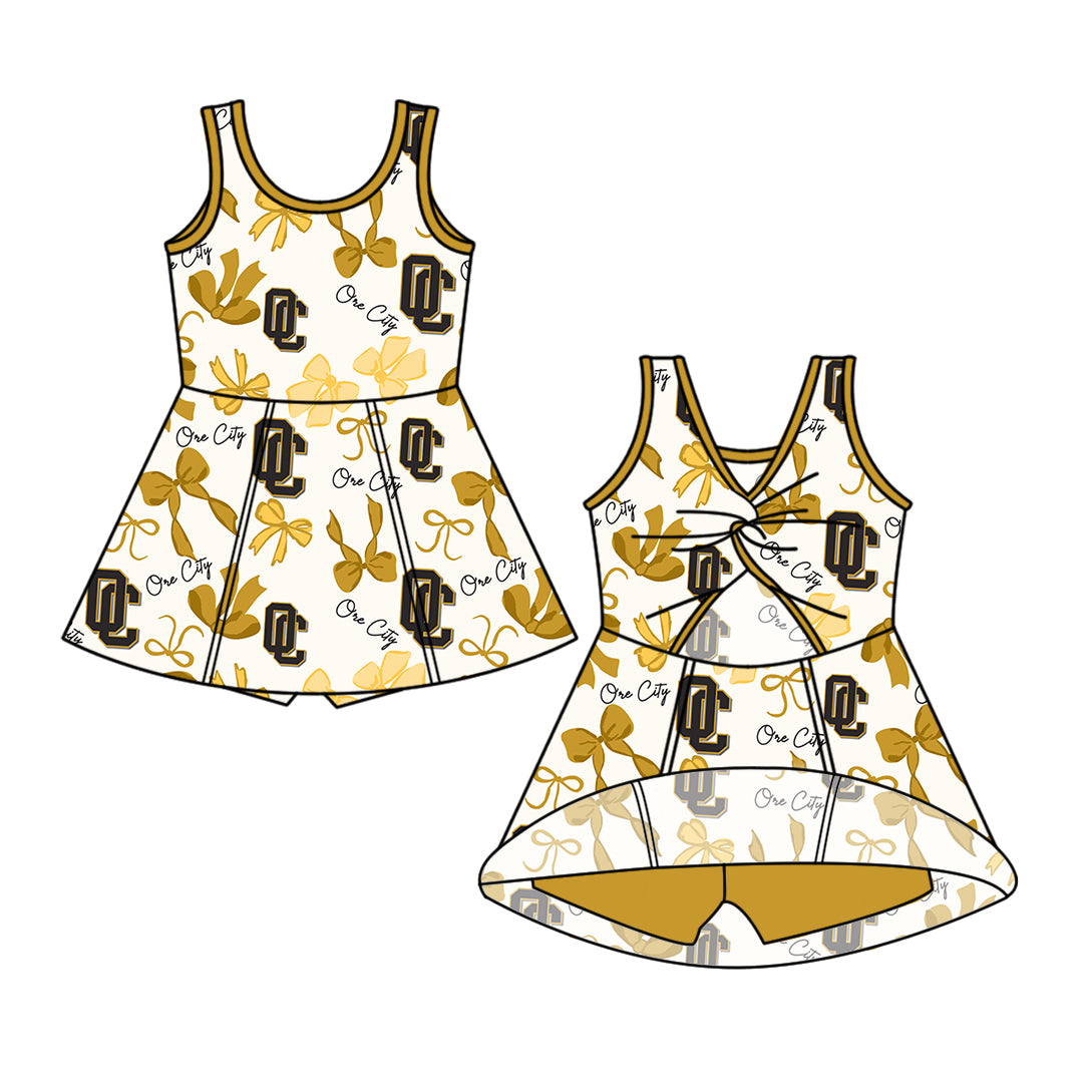 Custom moq 5 mix size milk silk summer teams Baby Girls Yellow Bow Vest Top Skirt Shorts Sets Sleeveless Knee Length Dresses Yoga Shorts Yoga Active Outfit