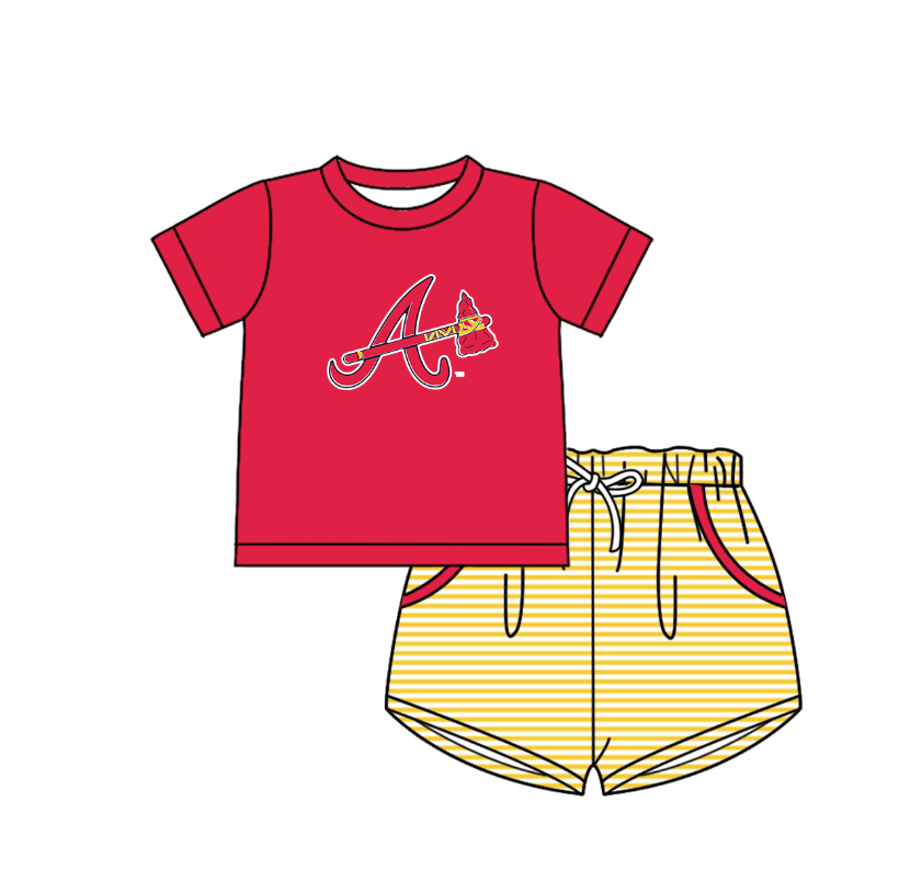 Custom moq 5 mix size milk silk summer teams Baby Boys And Girls Red Short-Sleeved Shirt And Shorts Set Matching Striped Rompers Outfit Set