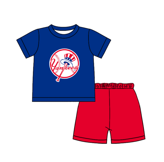 Custom moq 5 mix size milk silk summer teams Baby Boy's blue Short-Sleeved O-Neck Top And solid color Shorts Set