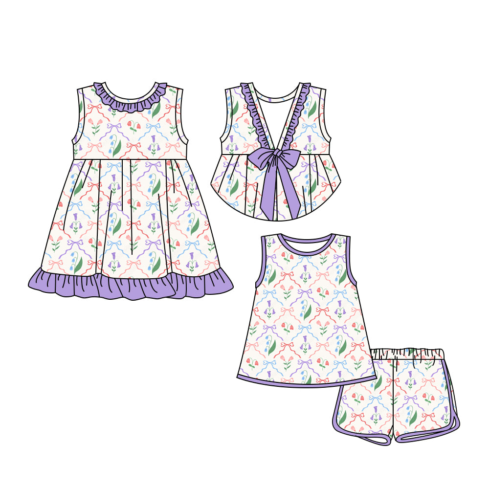 3.24 custom each style moq 5eta 4-6week Sibling Sister bow floral baby girl short sleeve shorts sets and dresses match design