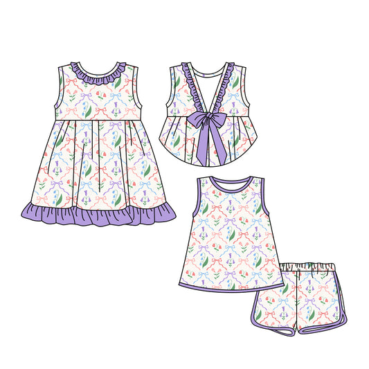 3.24 custom each style moq 5eta 4-6week Sibling Sister bow floral baby girl short sleeve shorts sets and dresses match design