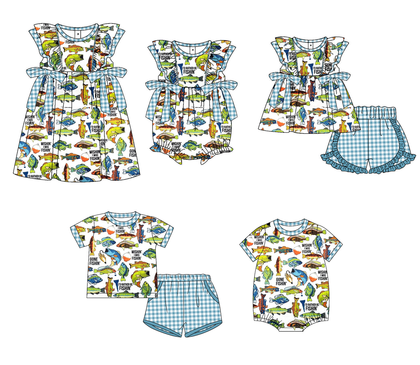 11.9 custom each style moq 5eta 4-6week Sibling Sister fish baby girl short sleeve shorts sets 1 and  sets 2 and girls romper and boy romper and dress match design