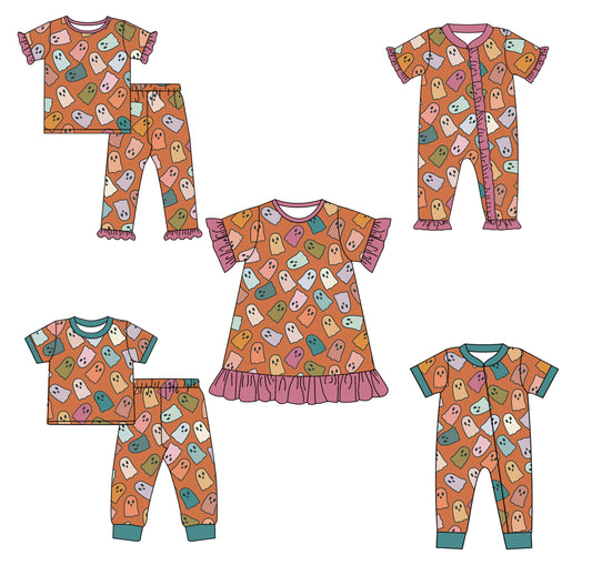 5.6 custom each style moq 5eta 4-6week Sibling Sisters ghost baby girl short sleeve pants sets 1 and sets 2 and dress and romper 1 and romper 2 match family design