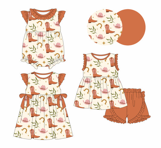 2.11 custom each style moq 5eta 4-6week Sibling Sisters boots hat baby girl short sleeve shorts sets and dress and rompers match family design
