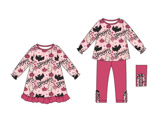 25.6.10 custom each style moq 5eta 4-6week Sibling Sisters pumpkin bat baby girl long sleeve pants sets and dress match family design