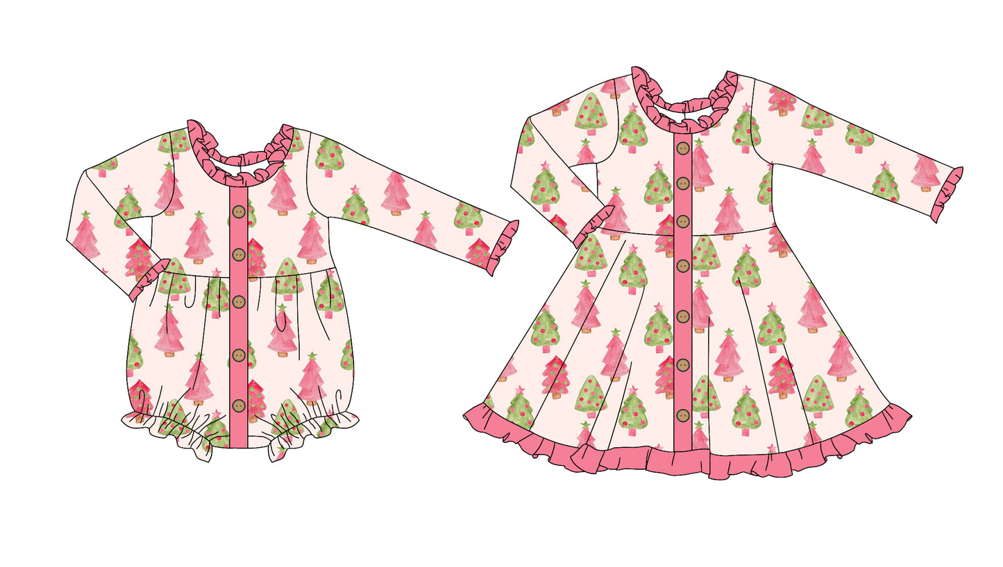 25.7.10 custom each style moq 5eta 4-6week Sibling Sisters Christmas trees pink baby girl long sleeve dress and rompers match family design