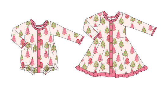 25.7.10 custom each style moq 5eta 4-6week Sibling Sisters Christmas trees pink baby girl long sleeve dress and rompers match family design