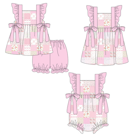 26.1.3 custom each style moq 5 eta 6-8week Sibling Sister floral bow baby short sleeve shorts sets and romper and dress match design