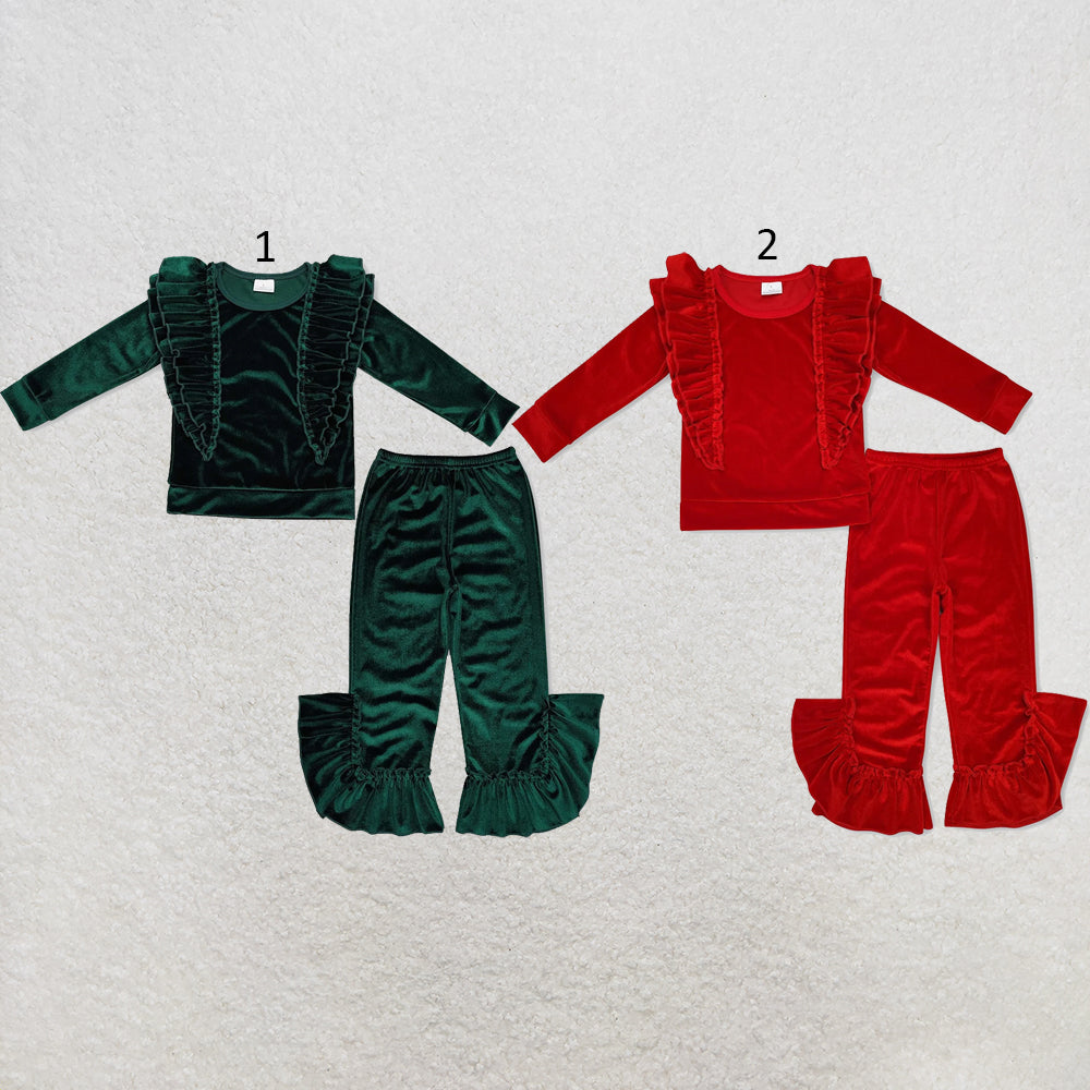 RTS NO MOQ Sibling cotton Baby Girls Solid Color Ruffle Long Sleeve Tee Top Velvet Flared Bell Pants Set