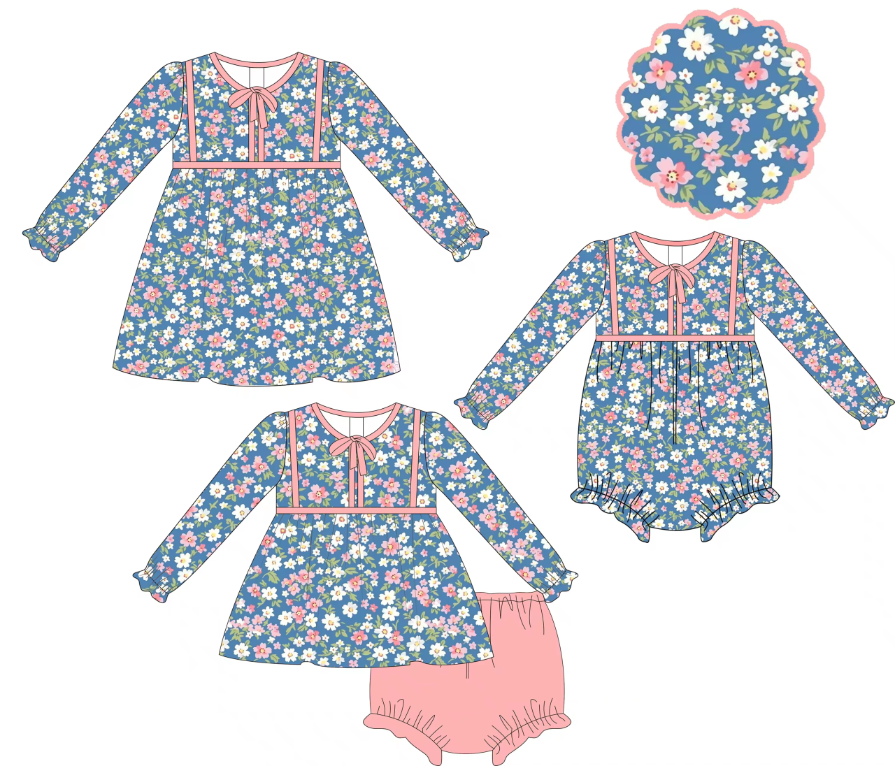 Custom moq 3 mix size eta 6-8weeks Small floral bow lake blue mixed suit