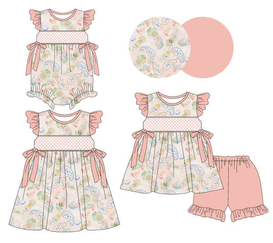 3.11 custom each style moq 5eta 4-6week Sibling Sisters floral baby girl short sleeve shorts sets and dress and rompers match family design