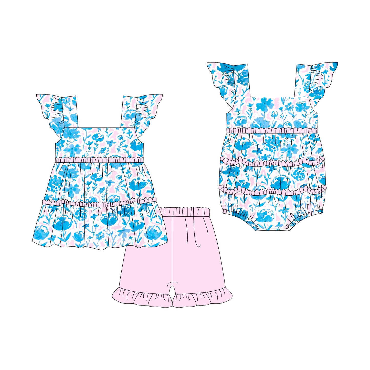 3.7 custom each style moq 5eta 4-6week Sibling Sister floral baby girl short sleeve shorts sets and romper match design