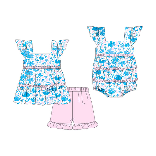 3.7 custom each style moq 5eta 4-6week Sibling Sister floral baby girl short sleeve shorts sets and romper match design