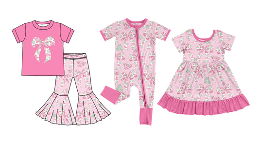 25.5.26 custom each style moq 5eta 4-6week Sibling Sisters bow floral pink baby girl short sleeve pants sets and dress and rompers match family design