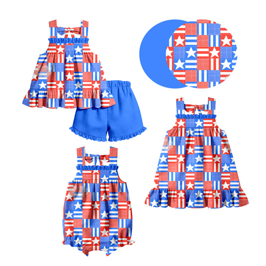 Custom moq 5 mix size Sibling Baby Girl's 4th of July Sleeveless Top And Shorts Set Cute Romper Dress for Summer