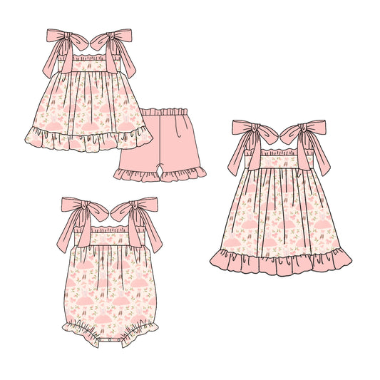 3.26 custom each style moq 5eta 4-6week Sibling Sisters floral bow baby girl short sleeve shorts sets and dress and rompers match family design