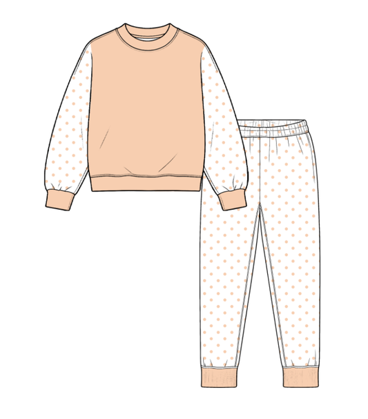 custom moq 5 mix size Baby Kids Solid Peach Front And Polka Dot Sleeve Long Sleeve Top Matching Dot Jogger Pants Set