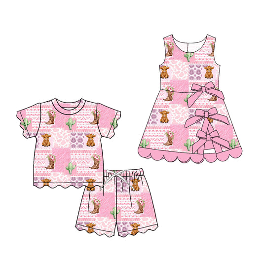 4.8  Custom moq 5 mix size Sibling Baby Girls Pink Plaid Top And Short Scallop Clothes Sets Yoga Active Scallop Short Knee Length Dress