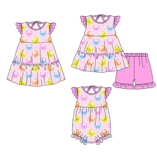3.20 Custom moq 5 mix size Sibling Baby Girl's Pink Flutter Sleeve Top And Shorts Set Cute Romper Dress for Summer
