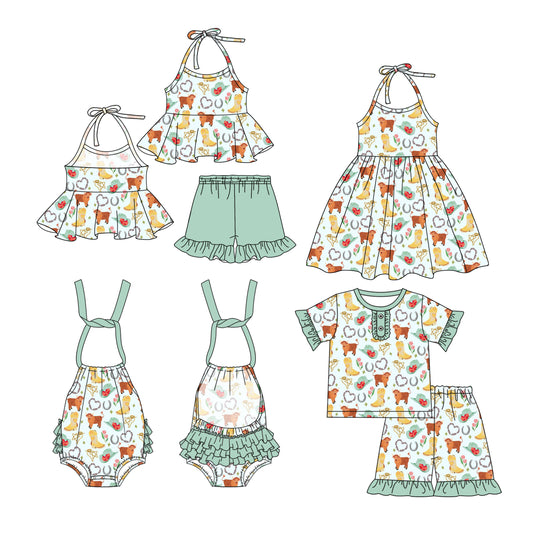 3.8 custom each style moq 5eta 4-6week Sibling Sister baby girl short sleeve shorts sets and sets 2 and boy romper and dress match design