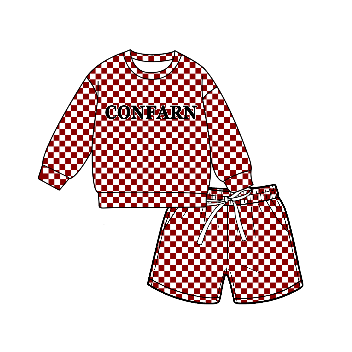 custom moq 5 mix size MSD070603 Baby Kids Checked Long Sleeve Top Drawstring Shorts Set