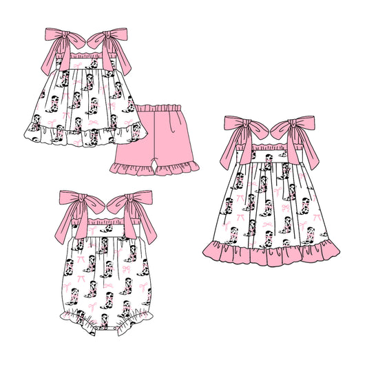 2.27 custom each style moq 5eta 4-6week Sibling Sisters bow boot baby girl short sleeve shorts sets and dress and rompers match family design