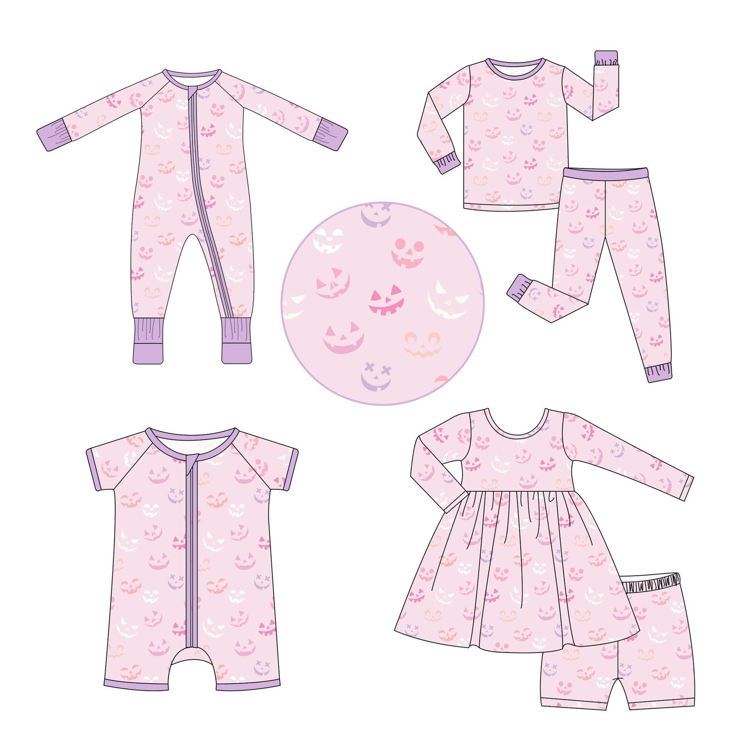 5.9custom each style moq 5eta 4-5week Sibling Sister Halloween Pumpkin Smile prints pink girls and boys outfits and baby rompers match family design