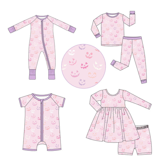 5.9custom each style moq 5eta 4-5week Sibling Sister Halloween Pumpkin Smile prints pink girls and boys outfits and baby rompers match family design