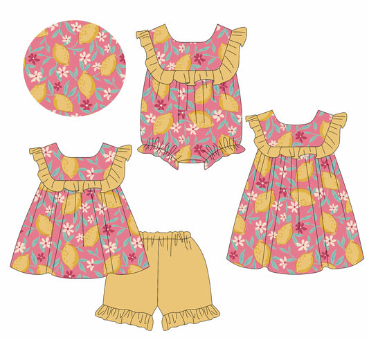 3.31 custom each style moq 5eta 4-6week Sibling Sisters lemon baby girl short sleeve shorts sets and dress and rompers match family design