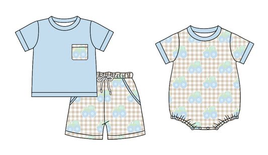 Custom moq 5 mix size Sibling Blue Plaid Short-Sleeved Romper And Shorts Set Baby Boys Outfit