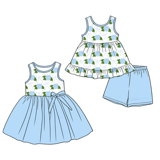 3.16 Custom moq 5 mix size Sibling Baby Girl's Blue Sleeveless Top And Shorts Set Cute Dress for Summer