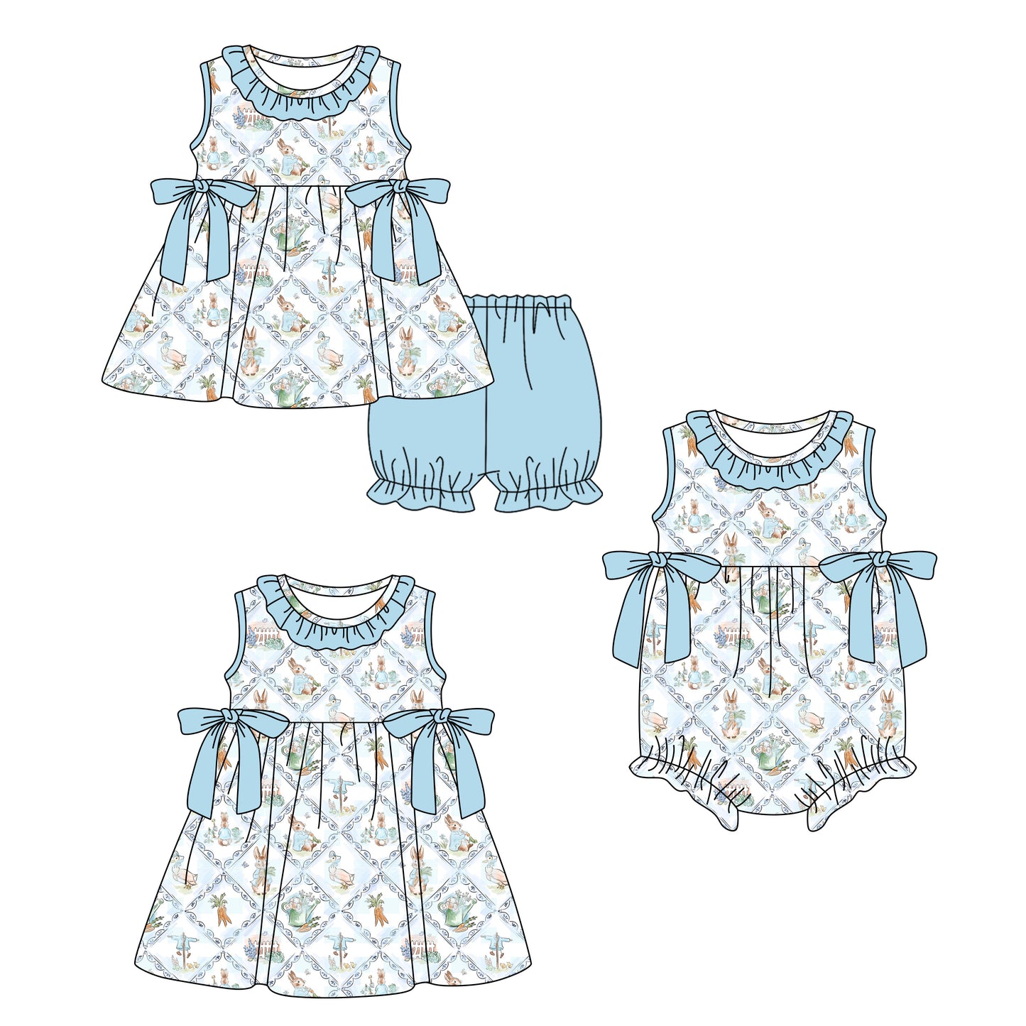 Custom moq 5 mix size Sibling Baby Girl's blue Bunny Print Easter Short-Sleeved Top And Shorts Set Cute Romper Dress for Spring Summer