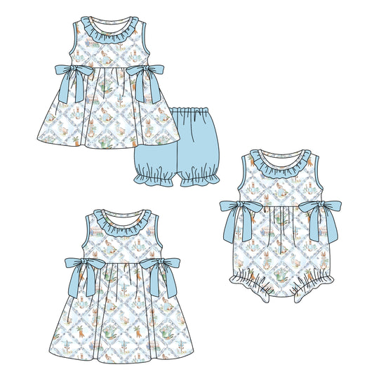 Custom moq 5 mix size Sibling Baby Girl's blue Bunny Print Easter Short-Sleeved Top And Shorts Set Cute Romper Dress for Spring Summer