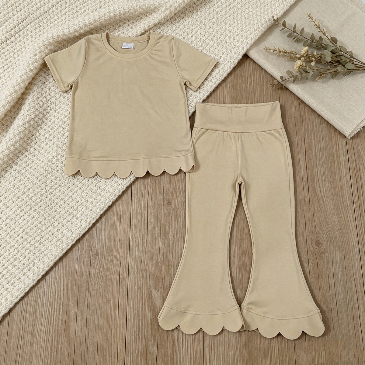 NEW RTS NO MOQ cotton GSPO2340（GT1770+P1078）Baby Girls White Short Sleeve Shirts Top Flare Pant Scallop Sets