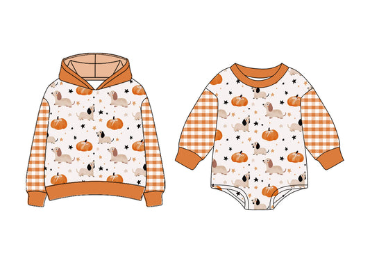25.7.9 custom each style moq 5eta 4-6week Sibling Sisters pumpkin puppy baby boy long sleeve romper and top match family design