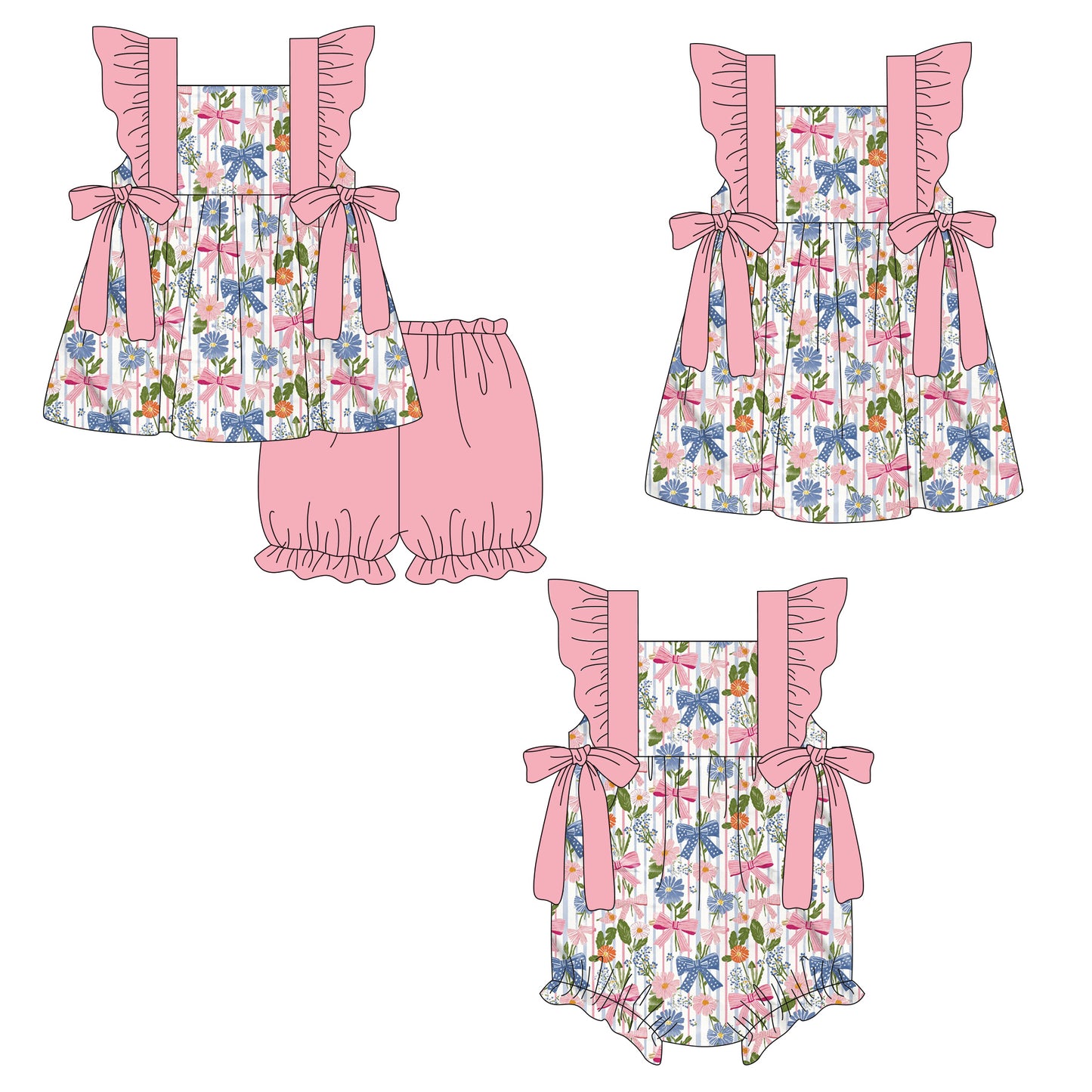 3.19 Custom moq 5 mix size Sibling Baby Girl's Flowers Bow Flutter Sleeve Tunic Shorts Set Cute Romper Dress for Summer
