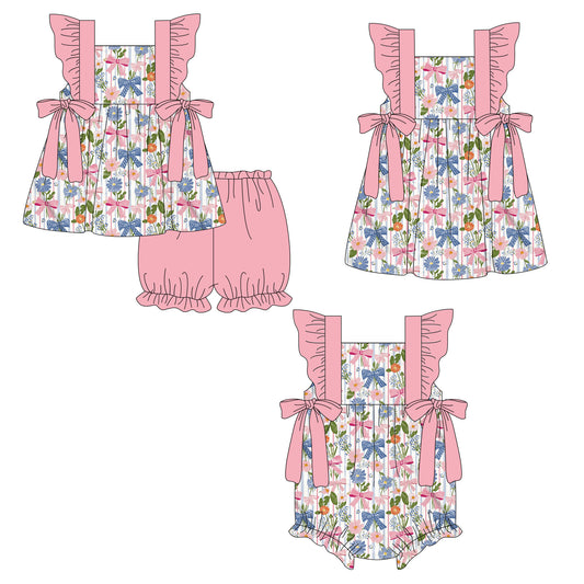 3.19 Custom moq 5 mix size Sibling Baby Girl's Flowers Bow Flutter Sleeve Tunic Shorts Set Cute Romper Dress for Summer