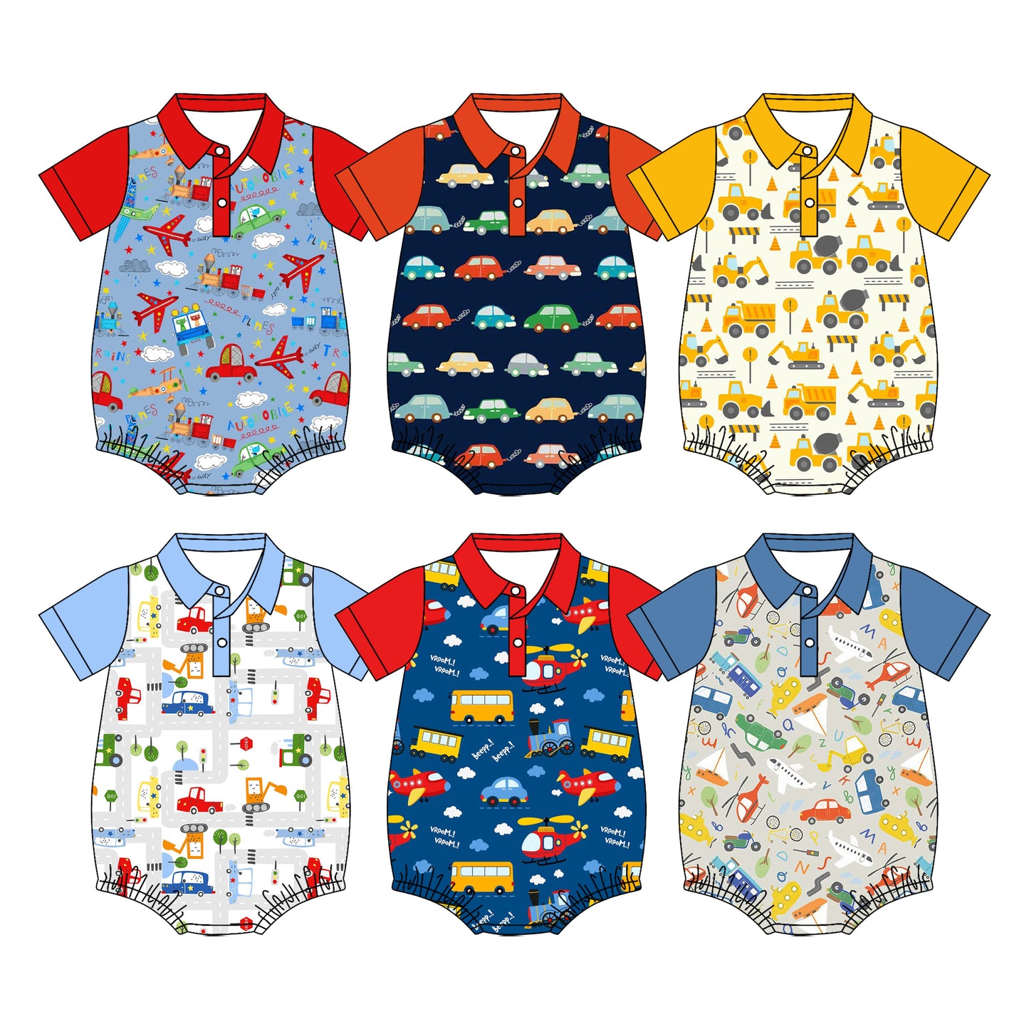4.10 Custom moq 5 mix size Sibling Baby Boys Short Sleeve Cars Button Romper