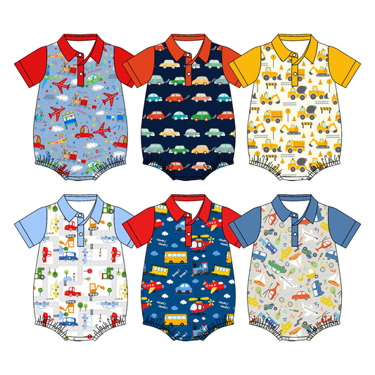 4.10 Custom moq 5 mix size Sibling Baby Boys Short Sleeve Cars Button Romper