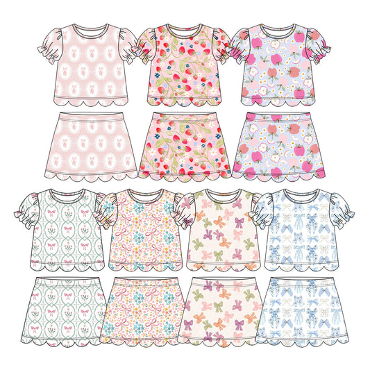 3.17 Custom moq 5 mix size Sibling Baby Girls Colorful Floral Bow Top Scallop Skirt Short Clothes Set