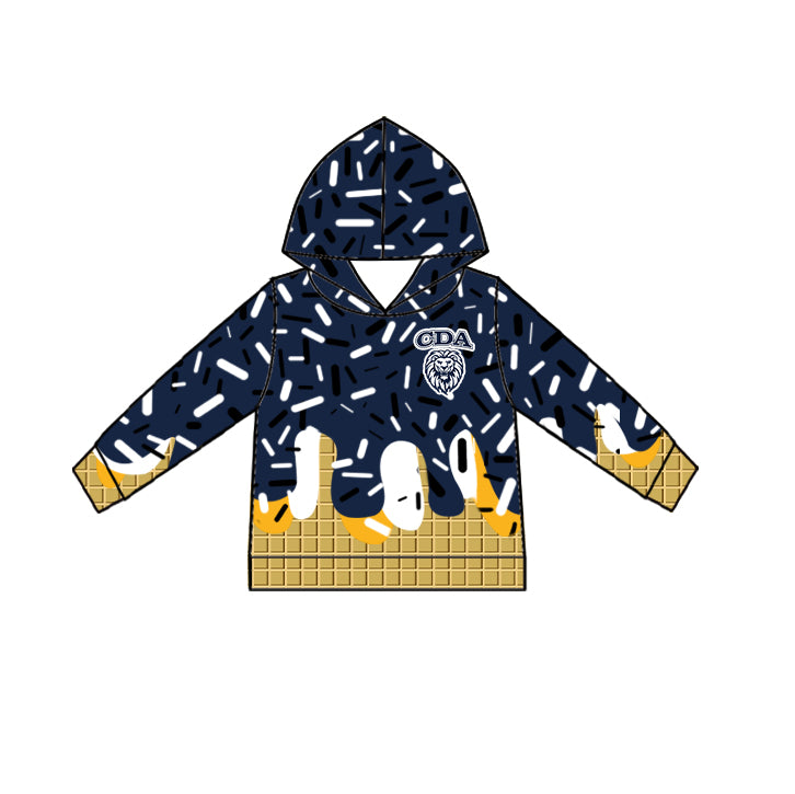 Custom moq 5 mix size milk silk baby girls clothes team bow navy blue hooded long sleeve tops and shorts-25.7.18