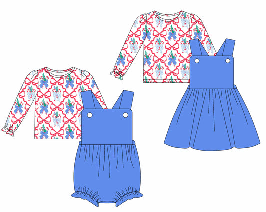 25.5.29 custom each style moq 5eta 4-6week Sibling Sisters Christmas bow blue baby girls short sleeve dress and short sleeve rompers and top 1 and top 2 match family design