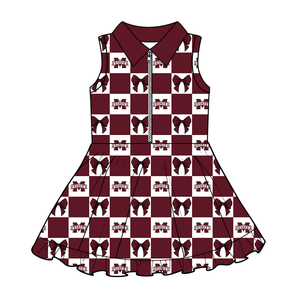 Custom moq 3 or 5 mix size milk silk summer teams baby girl clothes bow brick red sleeveless dress-26.1.19