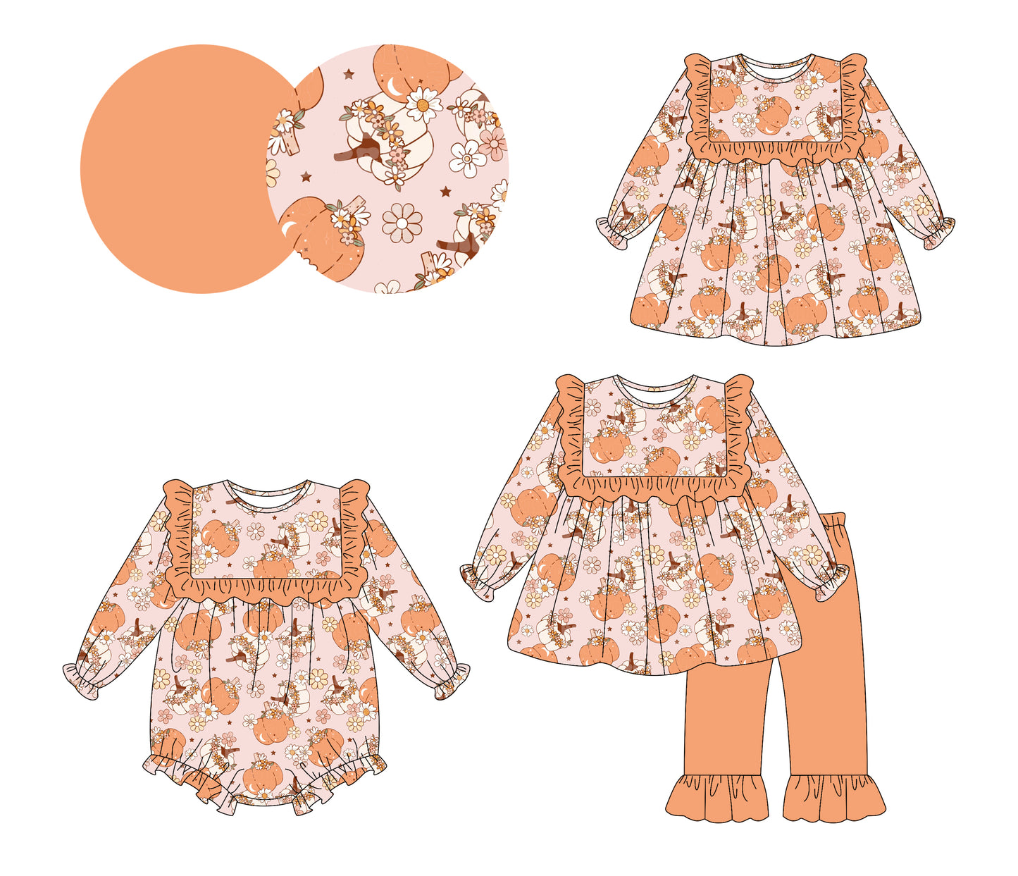 25.6.20 custom each style moq 5eta 4-6week Sibling Sisters pumpkin floral baby girl long sleeve pants sets and dress and rompers match family design