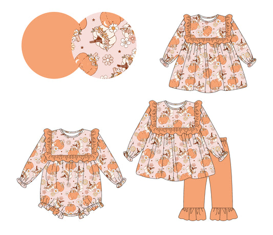 25.6.20 custom each style moq 5eta 4-6week Sibling Sisters pumpkin floral baby girl long sleeve pants sets and dress and rompers match family design